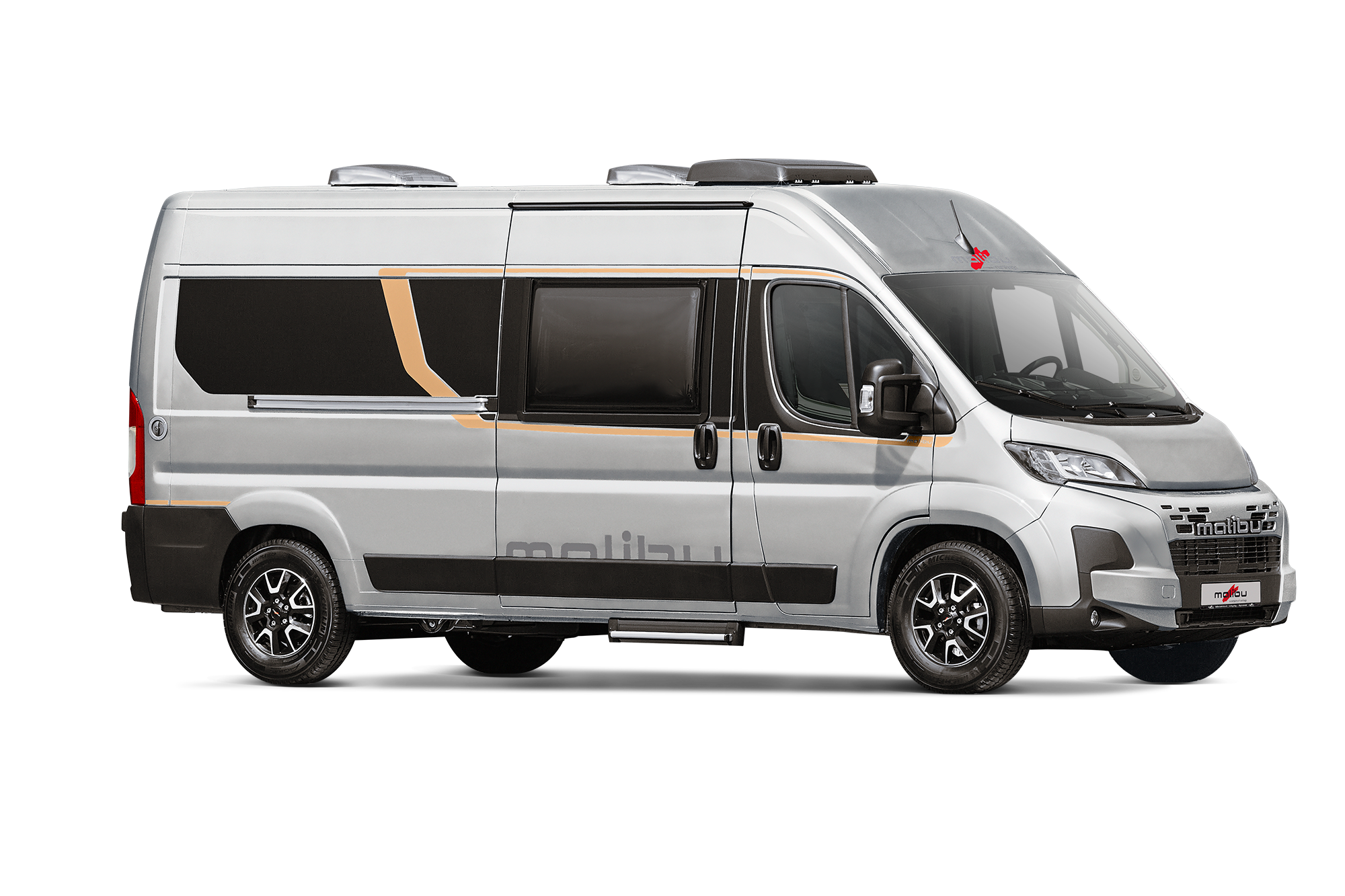 Malibu Campervan von außen mit Schiebetür und markanten Streifen