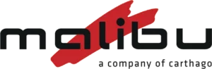 Malibu Logo mit rotem Element und Schriftzug a company of carthago