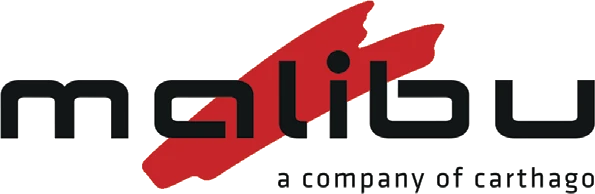 Malibu Logo mit rotem Element und Schriftzug a company of carthago