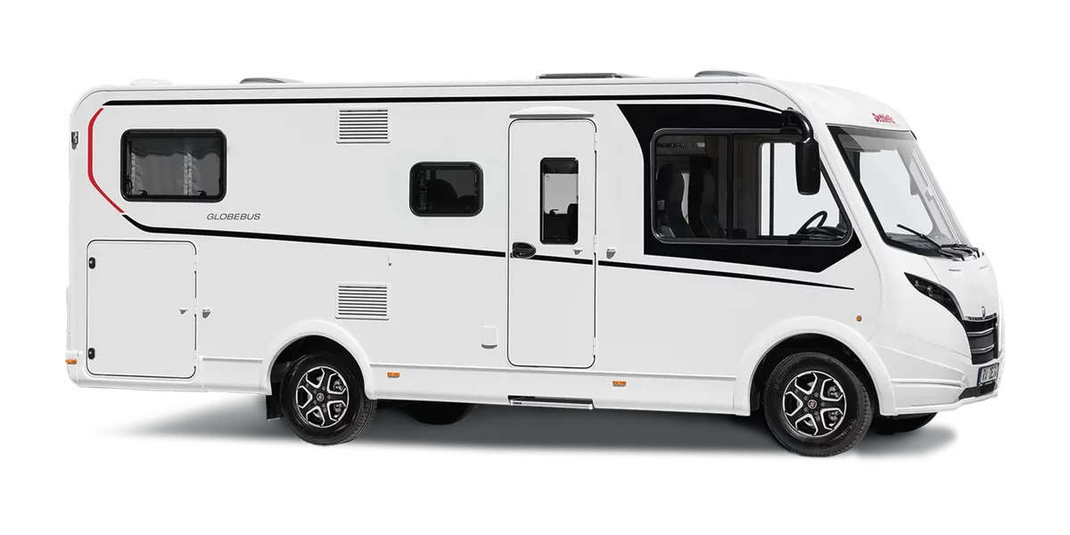 Dethleffs Globebus Teilintegrierter von der Seite mit Stauraumklappen und Fenstern
