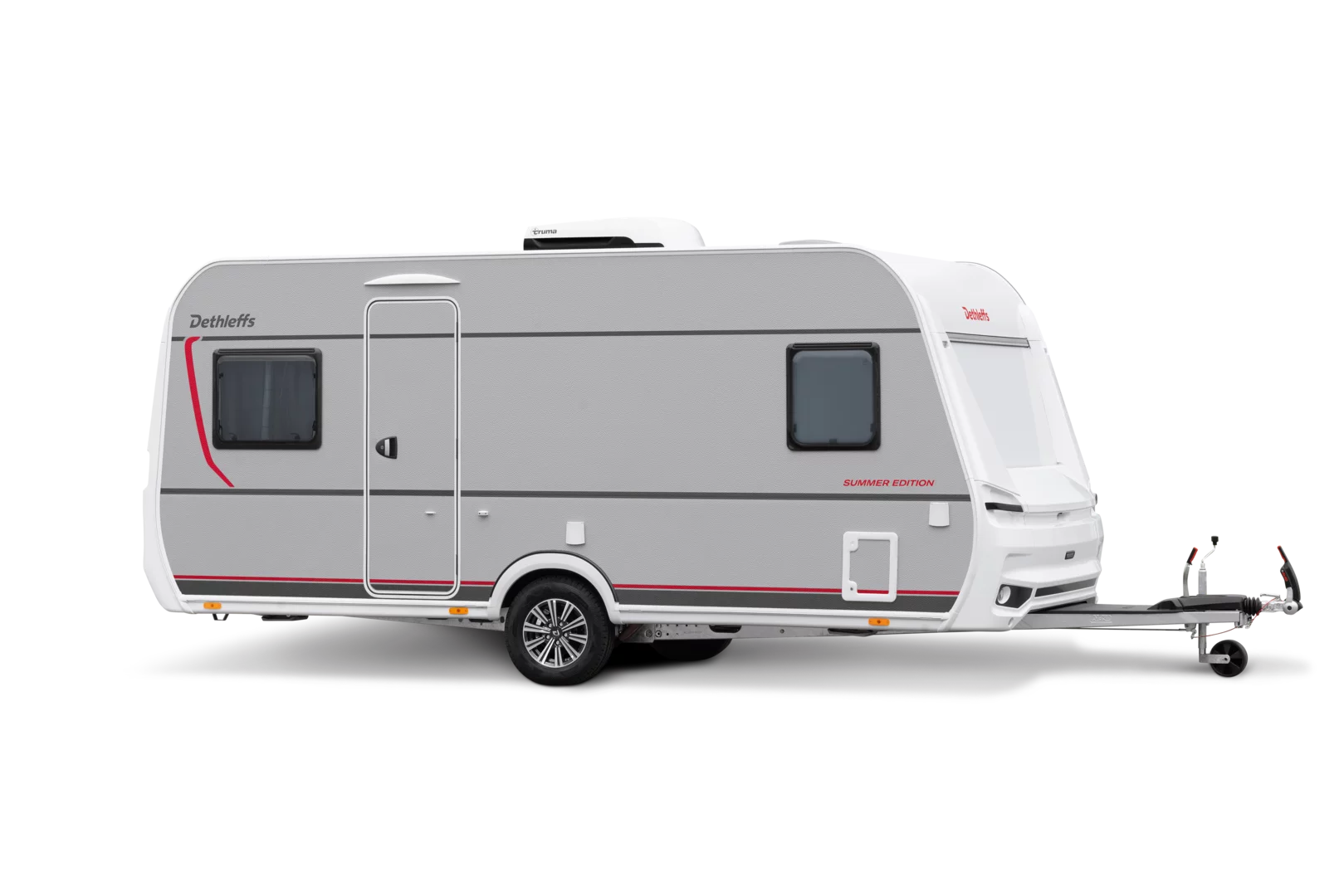 Dethleffs Summer Edition Wohnwagen von außen mit zwei Fenstern und Dachklimaanlage