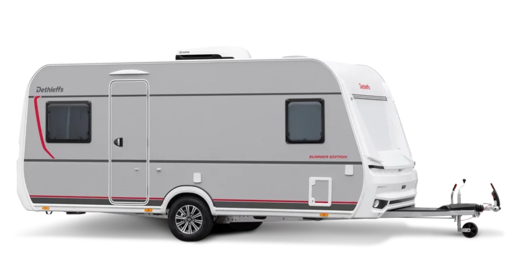 Dethleffs Wohnwagen Summer Edition Außenansicht mit zwei Fenstern und Dachhaube