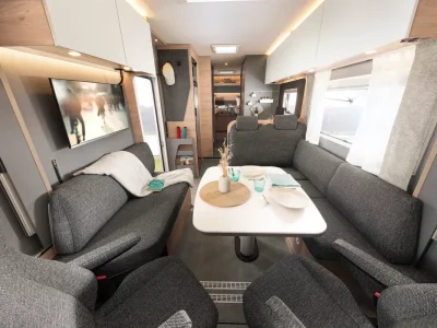 Dethleffs XL-I Sitzgruppe mit L-Sitzbank und Fernseher