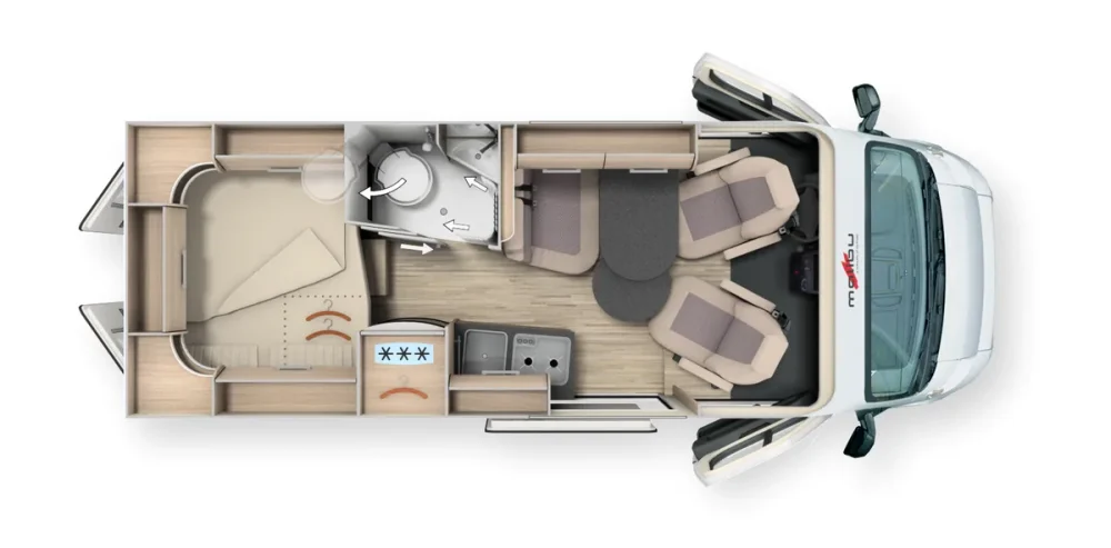 Grundriss Malibu Comfort mit Schlafbereich, Bad, Küche und Sitzgruppe