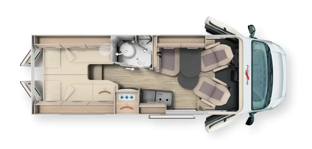 Grundriss Malibu Comfort mit Sitzgruppe, Küche, Bad und Schlafbereich