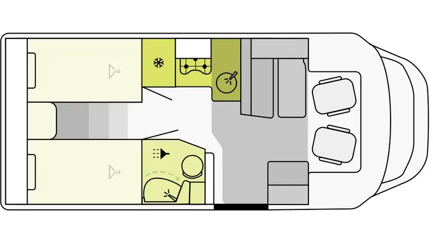 Grundriss Etrusco T 6900 SB mit zwei Einzelbetten, Bad, Küche und Sitzgruppe