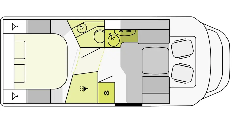 Grundriss Etrusco Teilintegrierter mit Doppelbett, Küche und Sitzgruppe