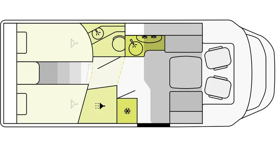 Grundriss Etrusco Teilintegrierter mit zwei Einzelbetten, Küche und Sitzgruppe
