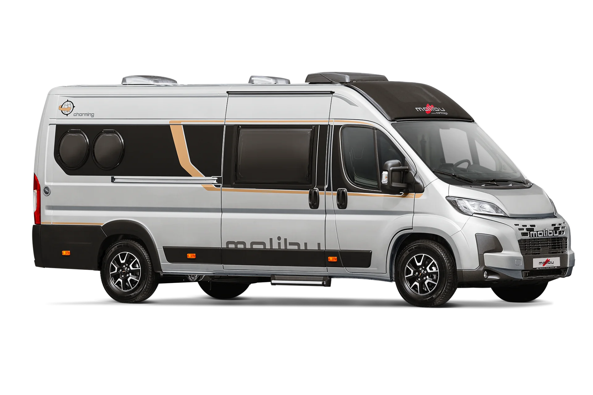 Malibu Comfort Campervan von der Seite mit markanten Fenstern und Designelementen