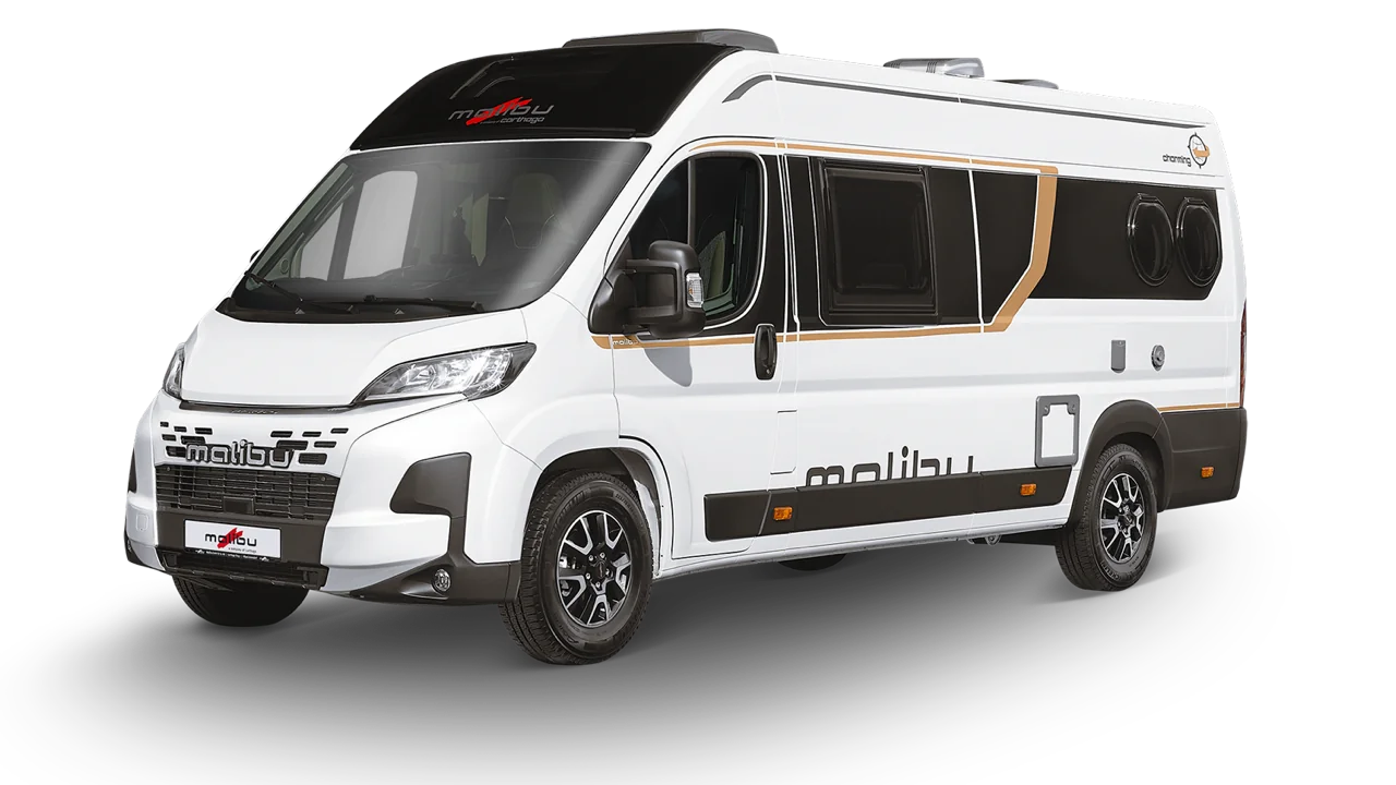 Malibu First Class Campervan von der Seite mit markanter Fenstergrafik
