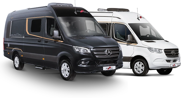 Malibu Genius zwei Campervans nebeneinander, einer schwarz, einer weiß