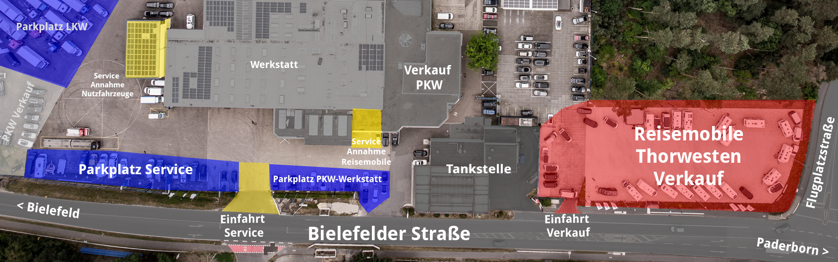 Grundriss: Reisemobile Thorwesten Verkauf mit Parkplatz Service und Bielefelder Straße
